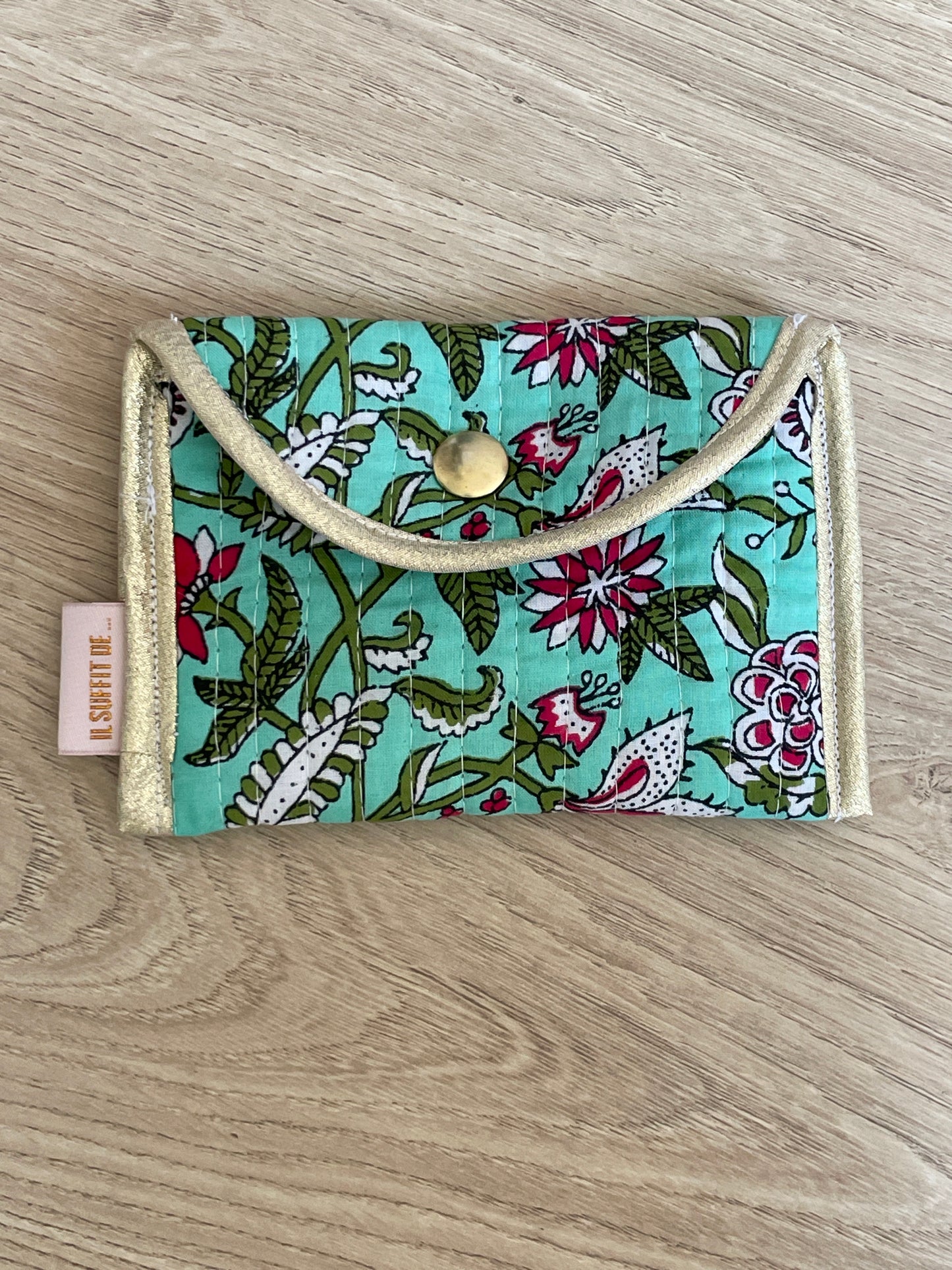 Porte-cartes « Claire » - tissu matelassé indien - vert turquoise