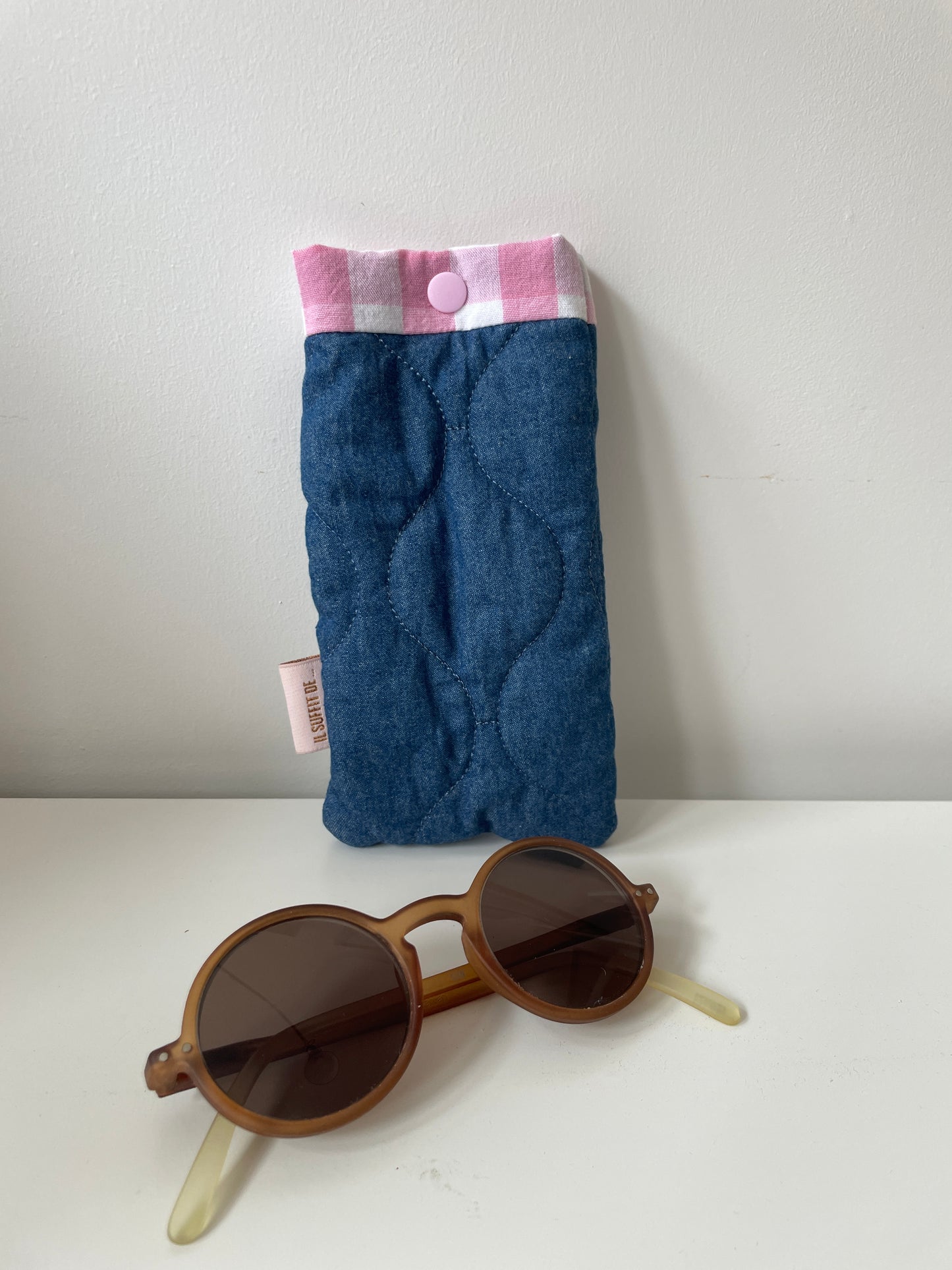 Étui à lunettes matelassé jean - tissu vichy rose