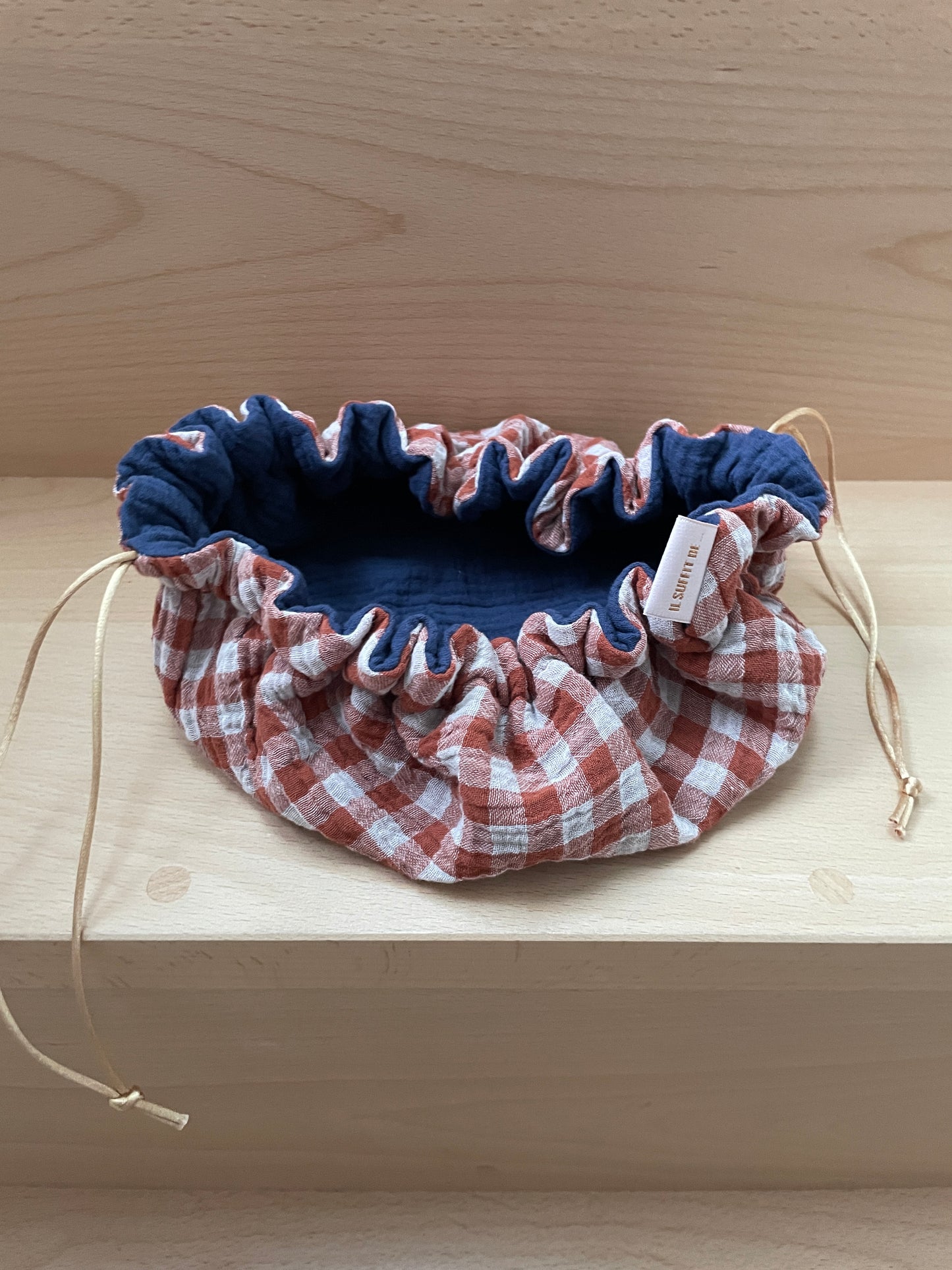 Trousse de Maquillage "Caro" Double gaze bleu et double gaze vichy camel foncé