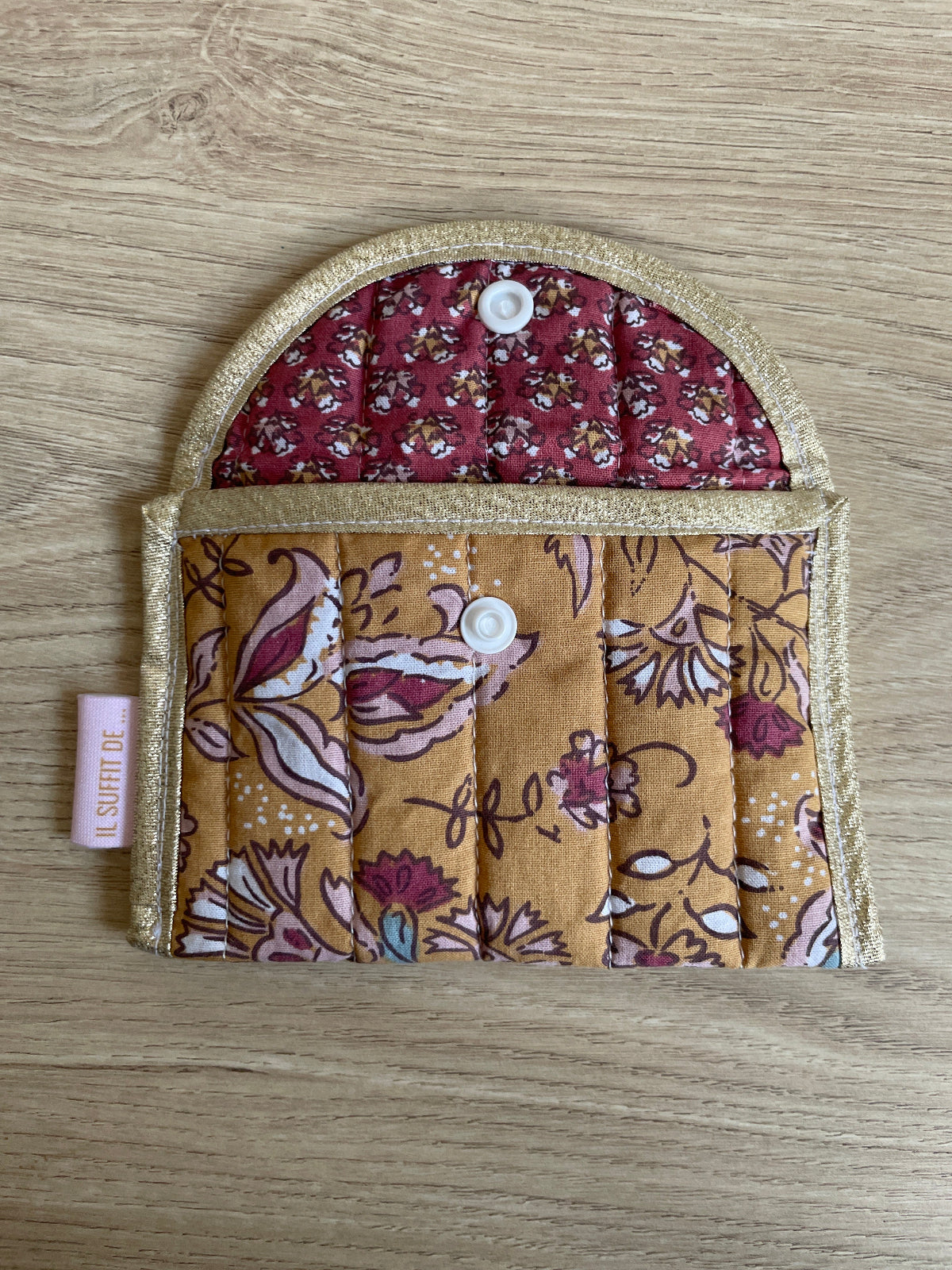 Porte-cartes Claire- Tissu matelassé indien jaune ocre - pochette artisanale made in lille