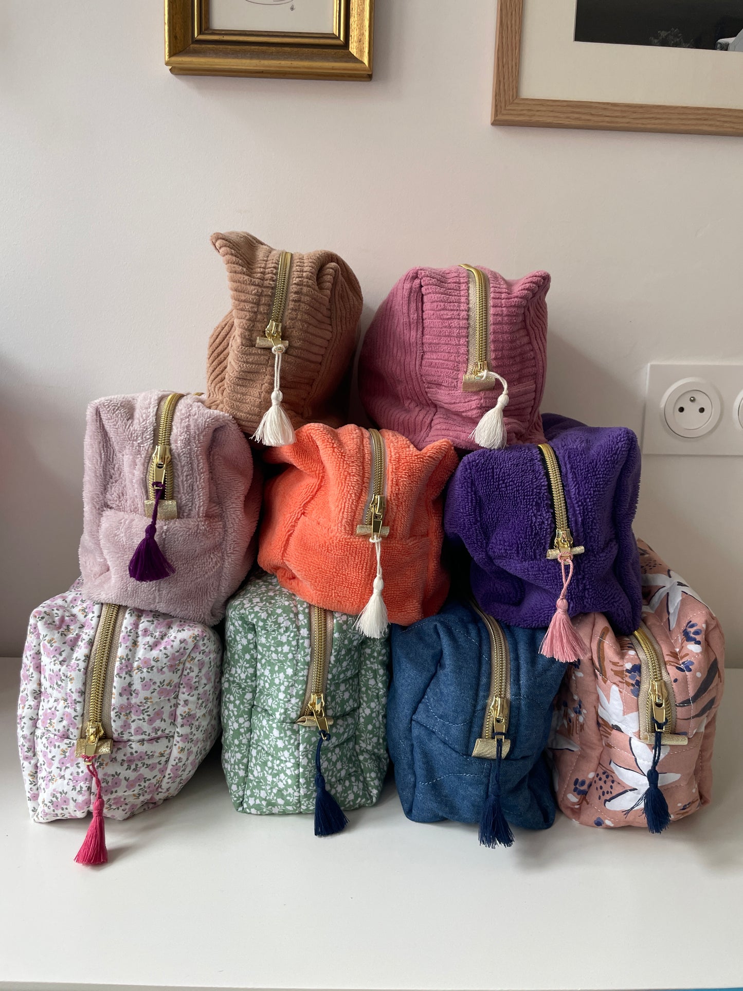 Trousse de toilette "Lucienne" Jean matelassé et intérieur coton motif bleu Klein, vert et beige