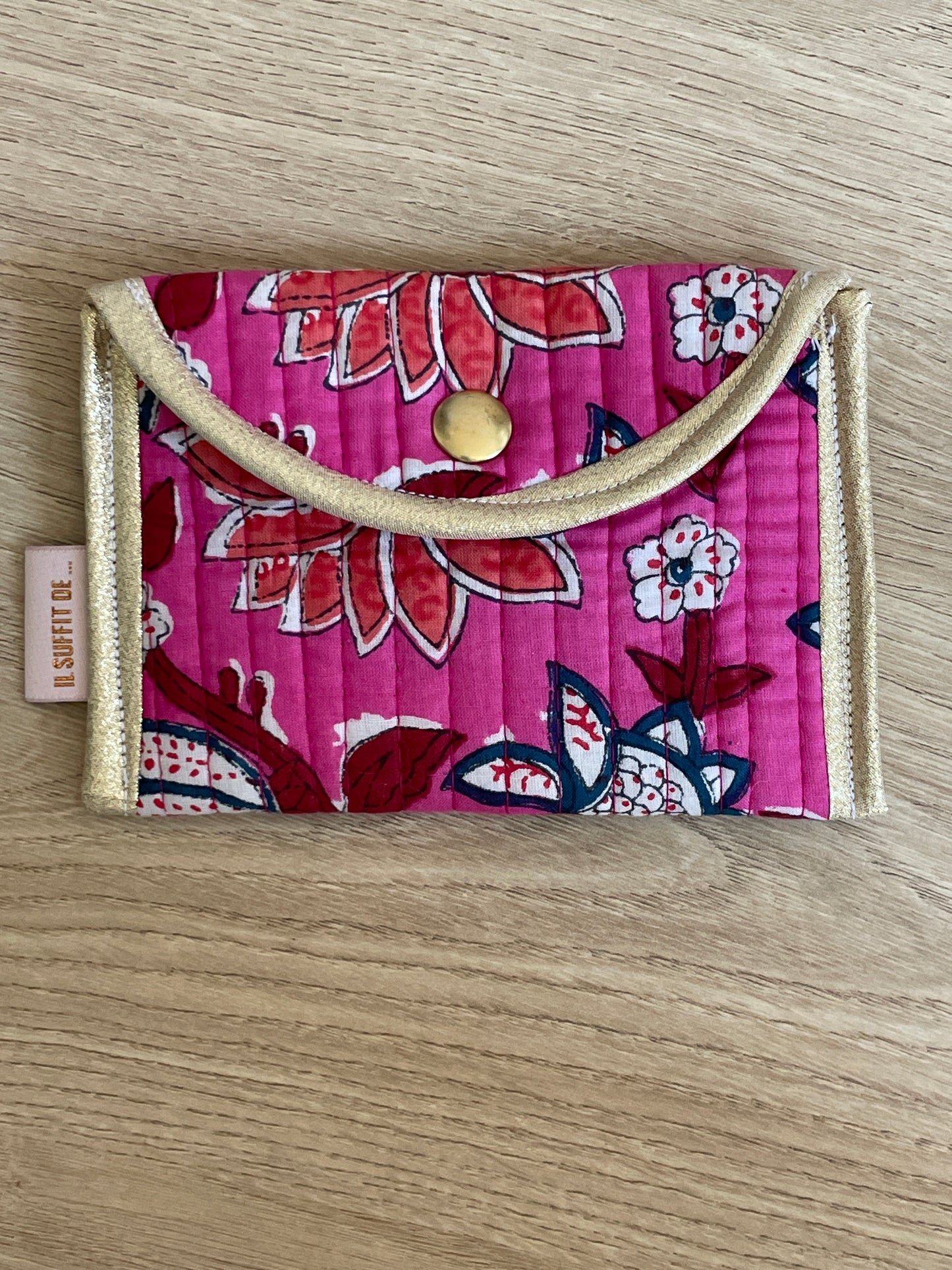 Porte-cartes « Claire » - tissu matelassé indien - rose fushia