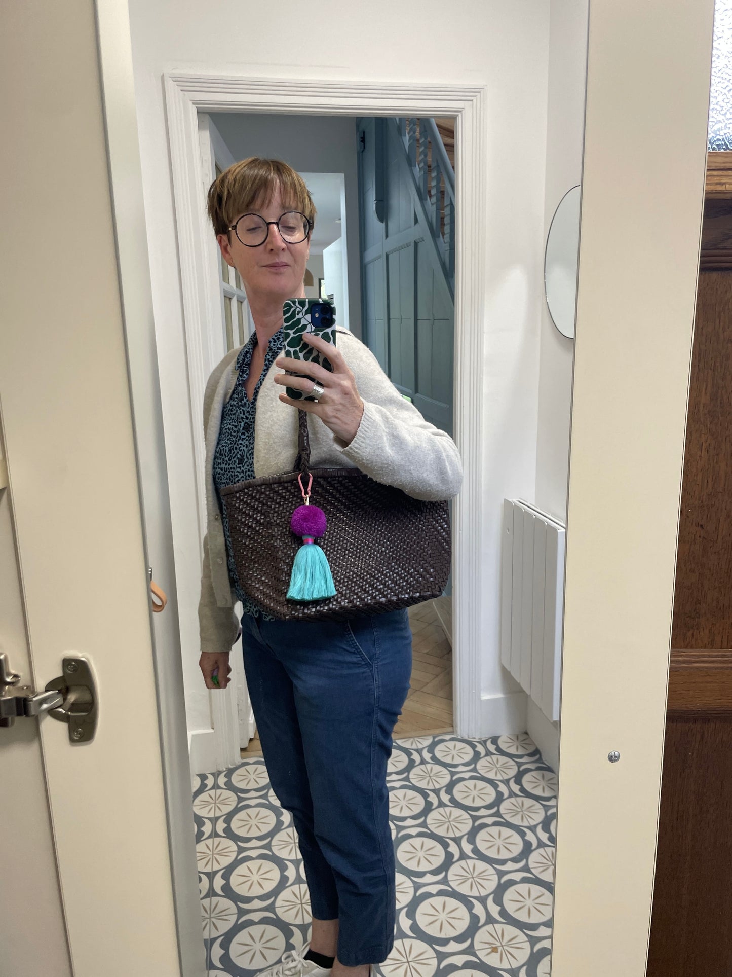 Bijoux de sac - pompons turquoise et violet