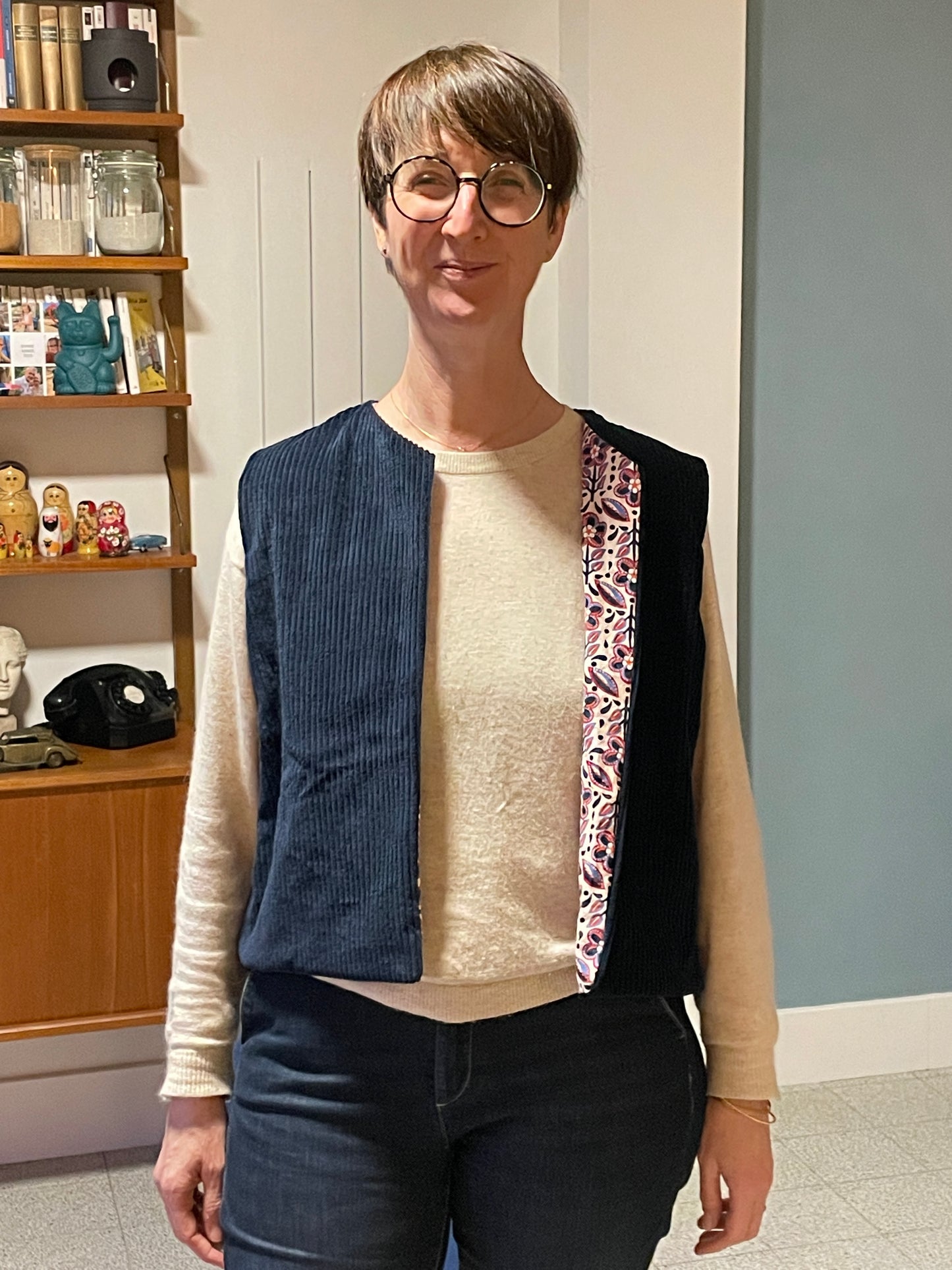 Gilet sans manche réversible velours côtelé et coton motifs indien