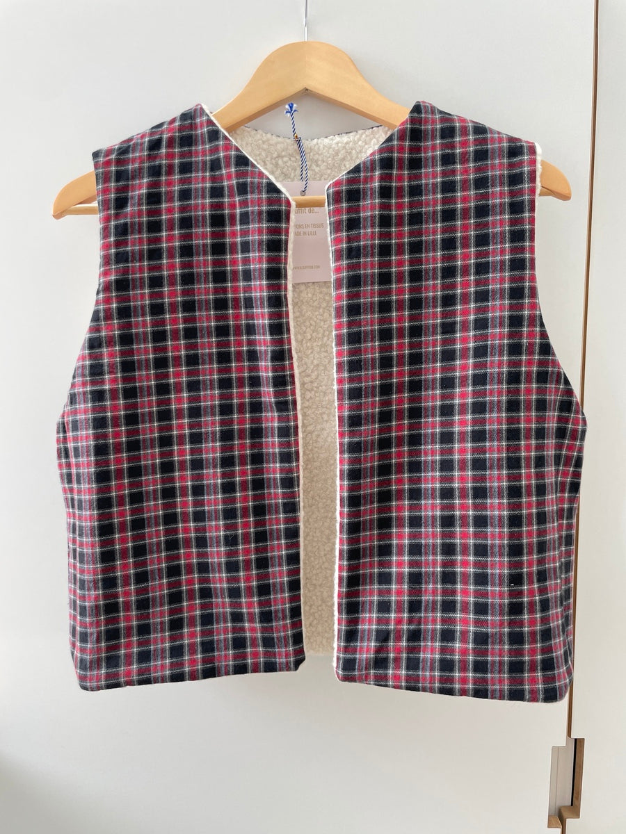 gilet sans manche bouclette écru intérieur tartan écossais doublure