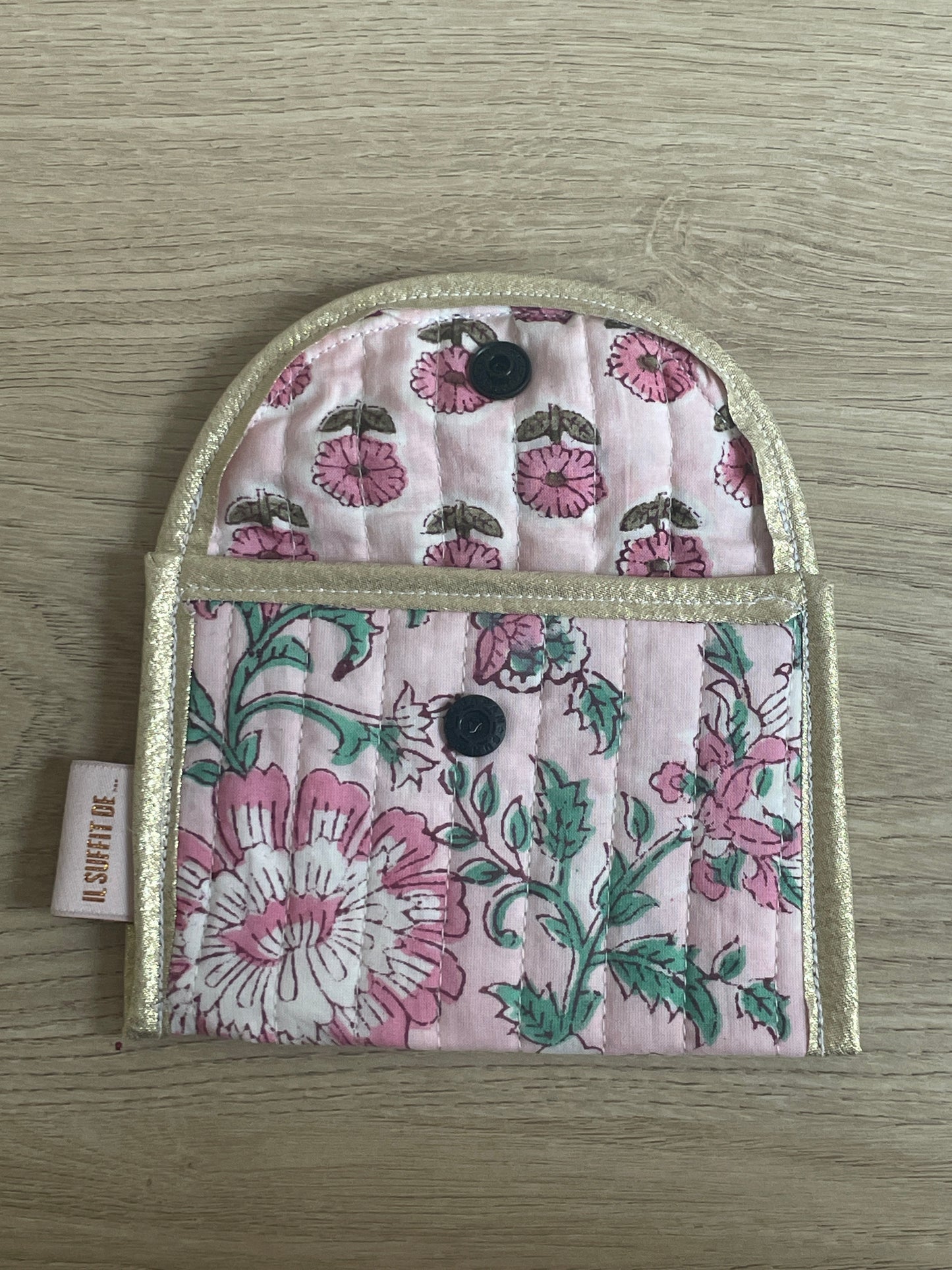 Porte-cartes « Claire » - tissu matelassé indien - rose à fleurs