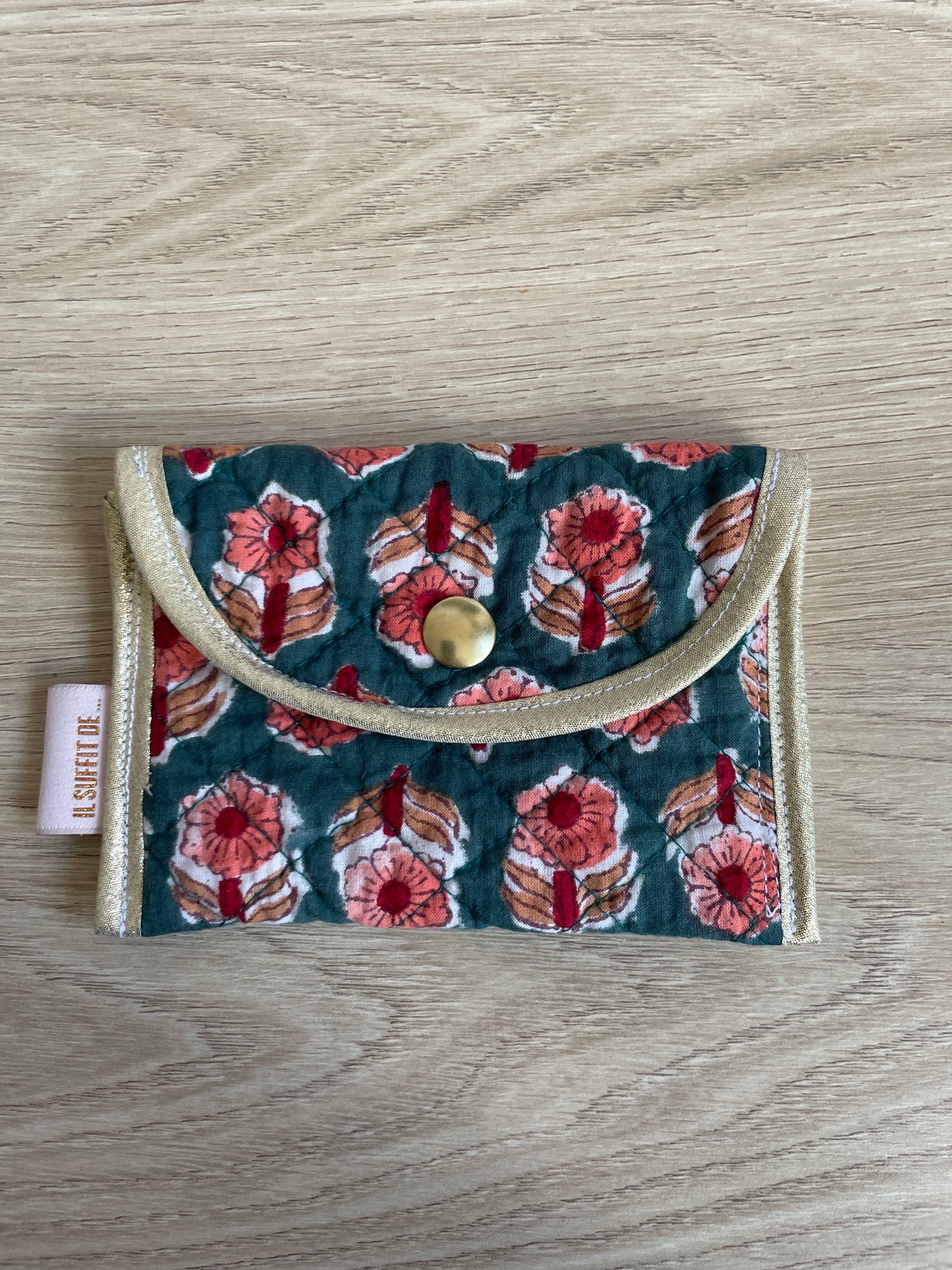 Porte-cartes « Claire » - tissu matelassé indien - fleuri vert 2