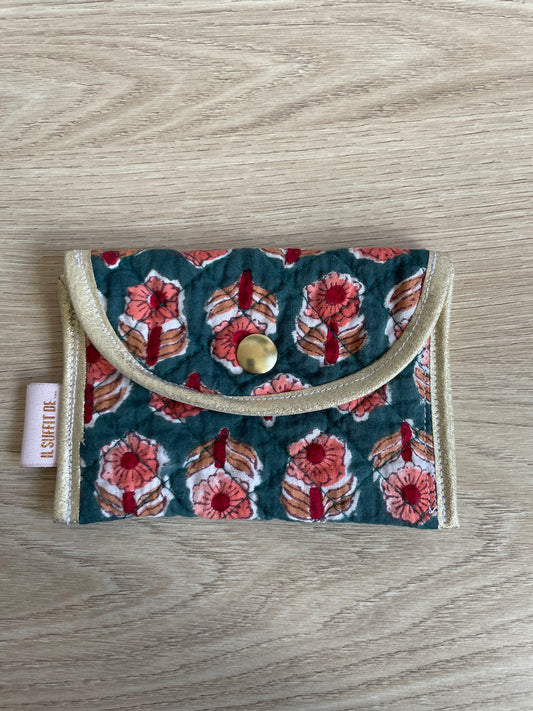 Porte-cartes « Claire » - tissu matelassé indien - fleuri vert 2