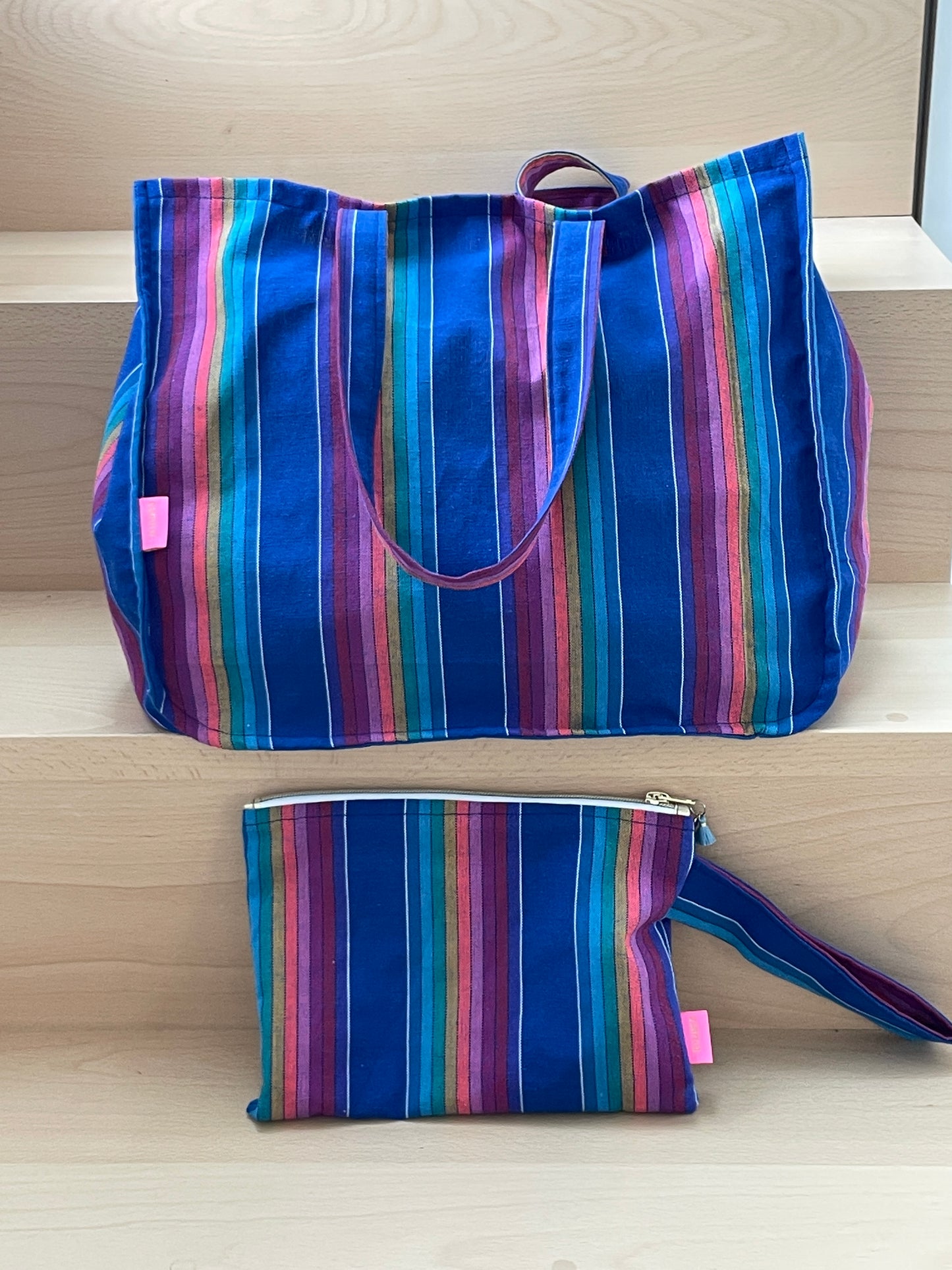 Collection « Les Cyclades » Grand sac cabas et sa pochette assortie (bleu 💙)