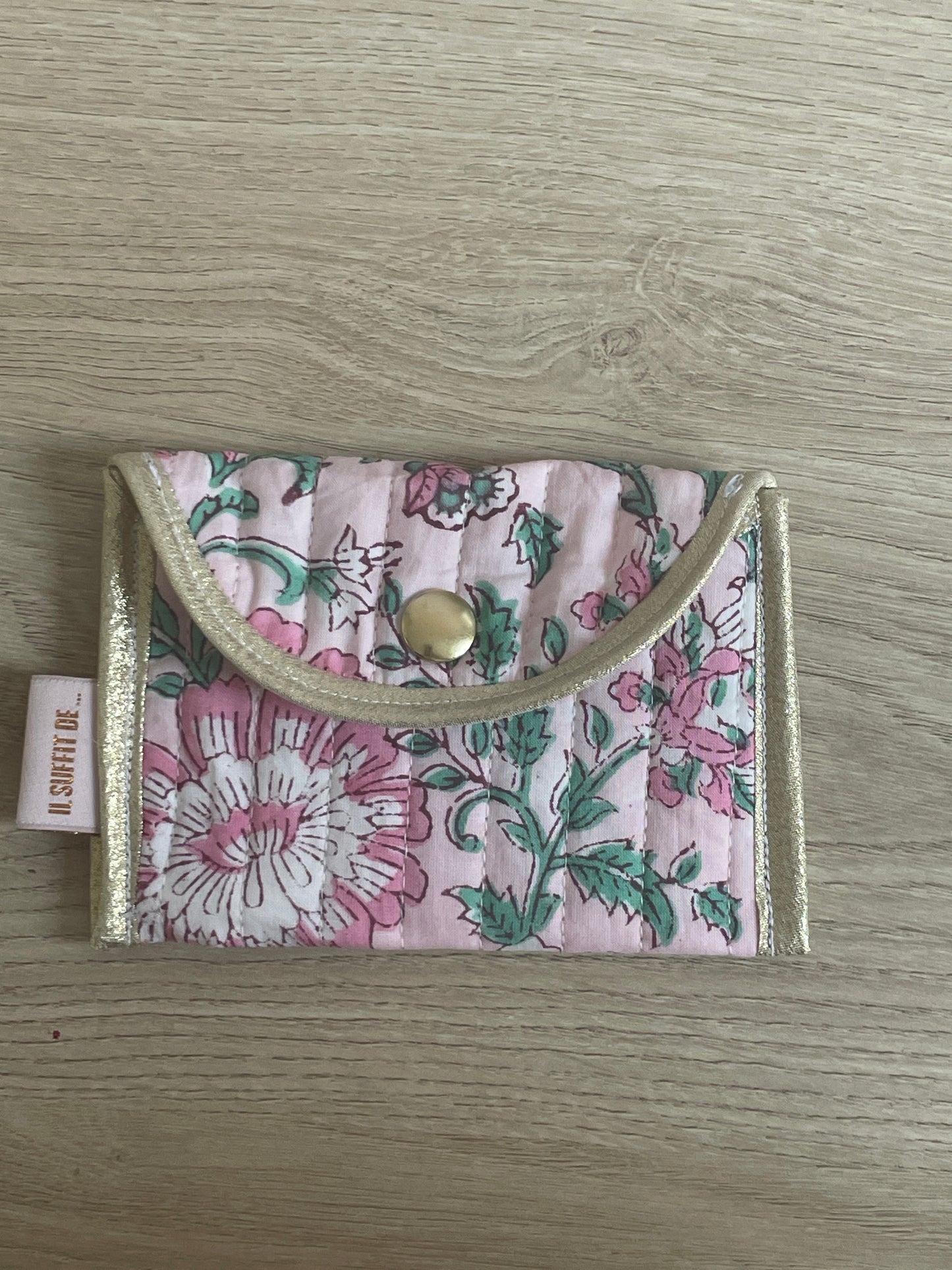 Porte-cartes « Claire » - tissu matelassé indien - rose à fleurs