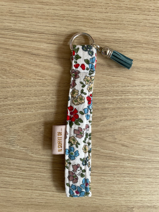 Porte-clé en tissus avec breloque - Double gaze fleurs multicolores