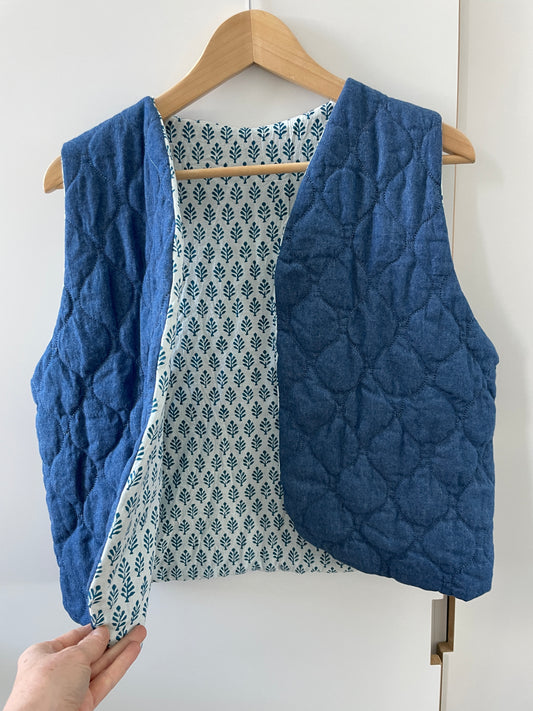 Gilet sans manche réversible matelassé jean et intérieur tissus indien épi bleu - taille S/M