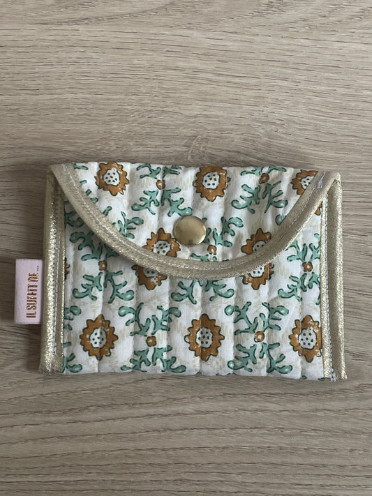 Porte-cartes « Claire » - tissu matelassé indien - Écru - vert et ocre