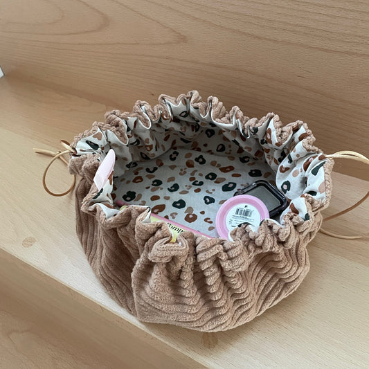 Trousse de Maquillage "Caro" velours côtelé Camel et intérieur coton léopard