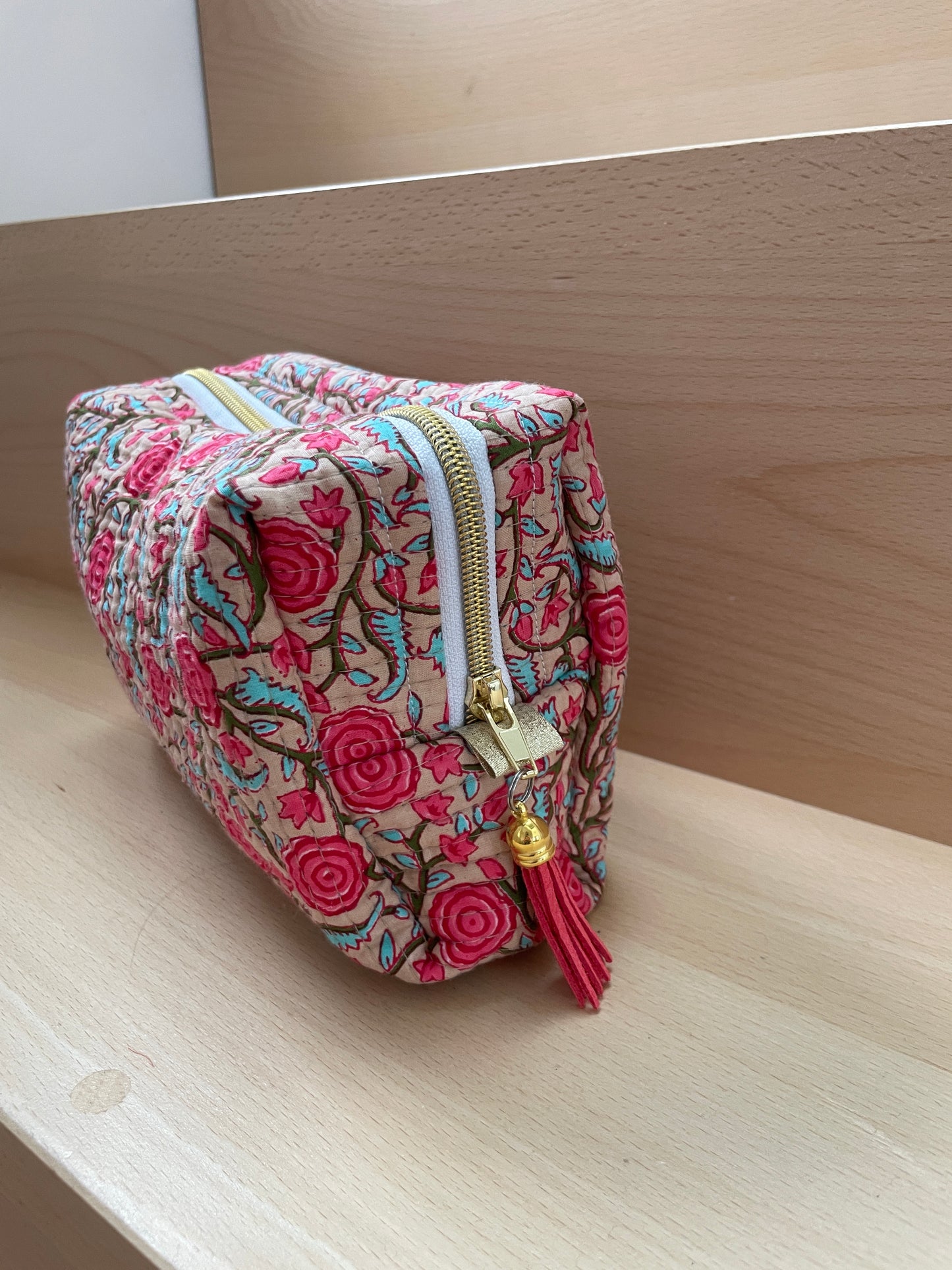 Trousse de toilette "Lucienne" matelassé indien beige et corail