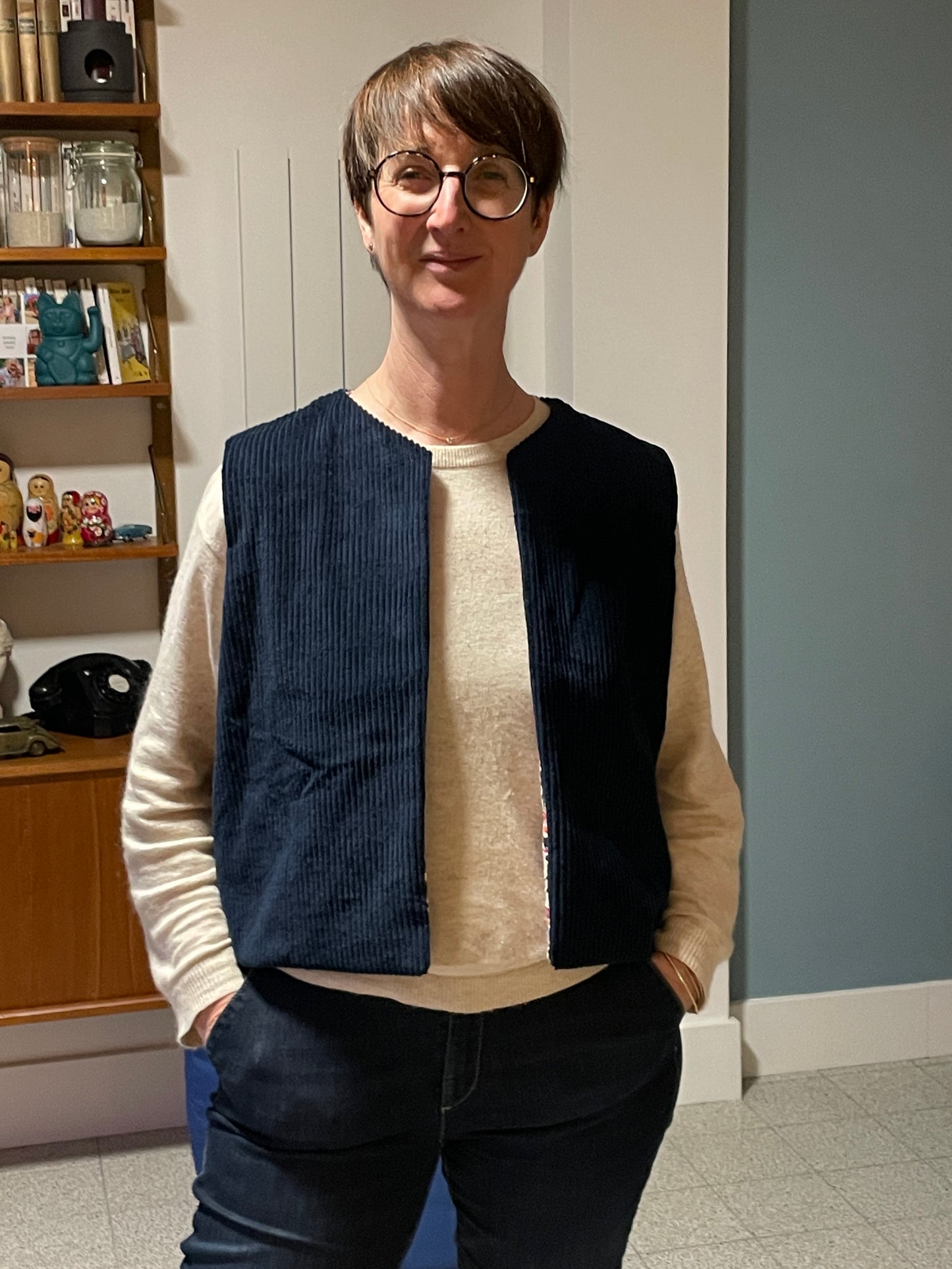 Gilet sans manche réversible velours côtelé et coton motifs indien