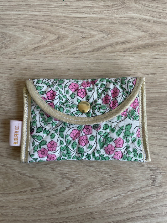 Porte-cartes « Claire » - tissu matelassé indien - fleuri vert et rose 1