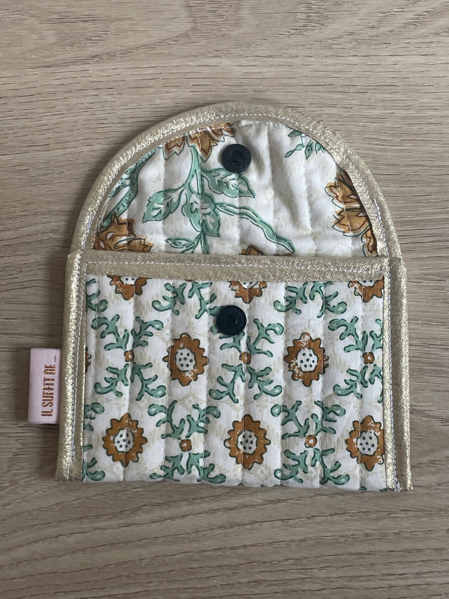 Porte-cartes « Claire » - tissu matelassé indien - Écru - vert et ocre