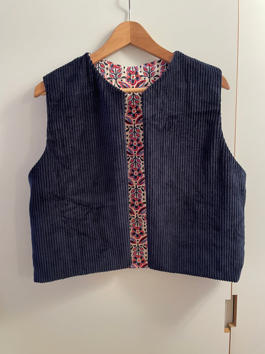 Gilet sans manche réversible velours côtelé et coton motifs indien