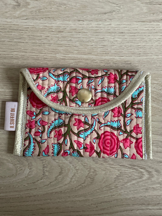 Porte-cartes « Claire » - tissu matelassé indien - beige - corail et turquoise