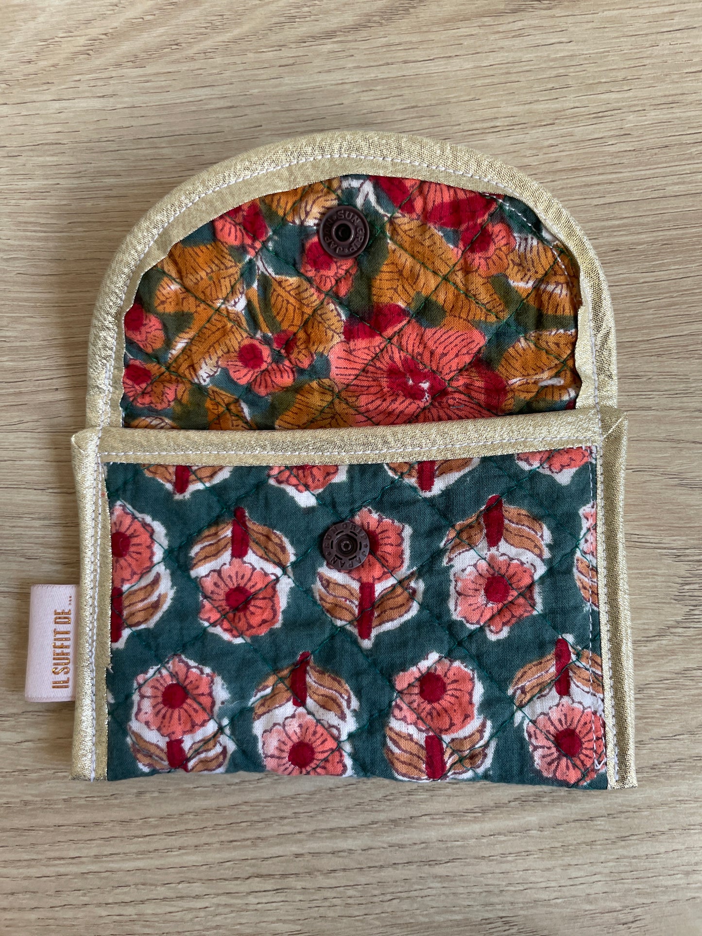 Porte-cartes « Claire » - tissu matelassé indien - fleuri vert 2