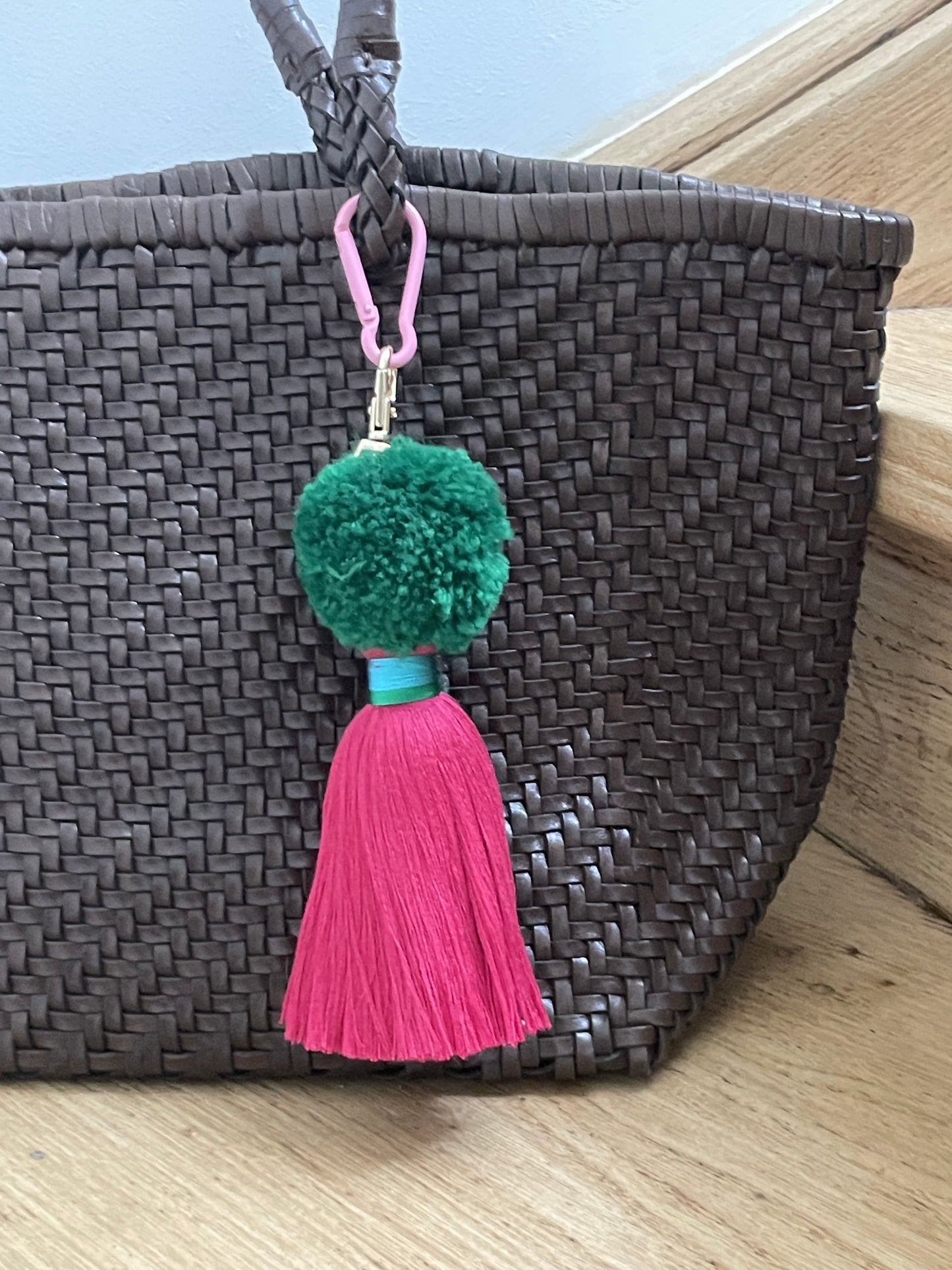 Bijoux de sac - pompons vert et rose