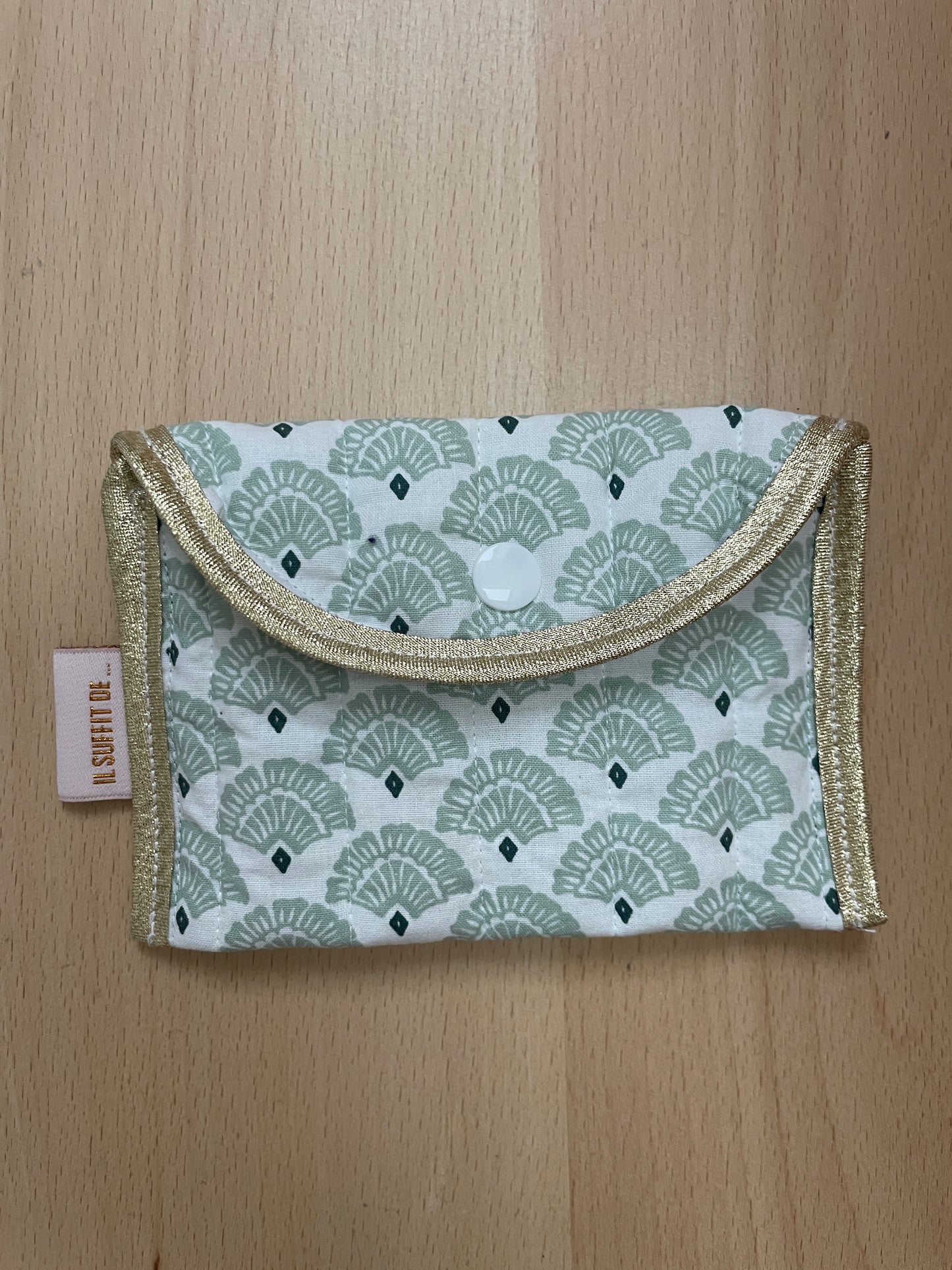 Porte-cartes « Claire » - Tissus Mandala blanc / vert d'eau / motif éventail