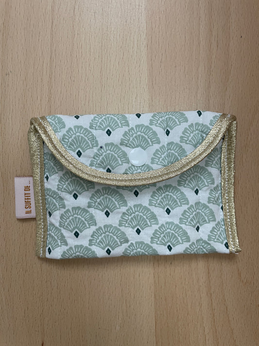Porte-cartes « Claire » - Tissus Mandala blanc / vert d'eau / motif éventail