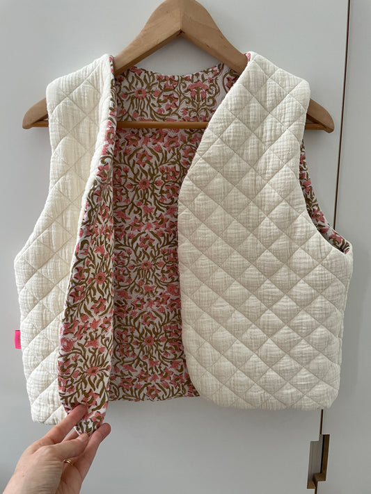 Gilet sans manche réversible Matelassé et coton indien couleur rosé