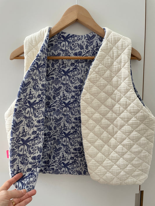 Gilet sans manche réversible Matelassé écru et intérieur coton style toile de Jouy