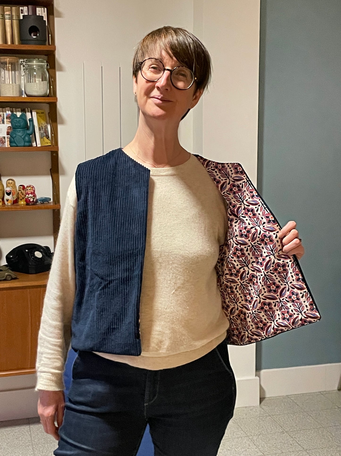 Gilet sans manche réversible velours côtelé et coton motifs indien