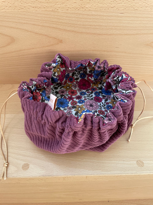 Trousse de Maquillage "Caro" velours côtelé prune et intérieur coton fleuri