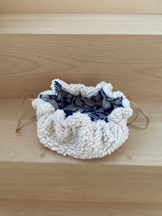 Trousse de Maquillage "Caro" en Sherpa moumoute et intérieur voile coton bleu