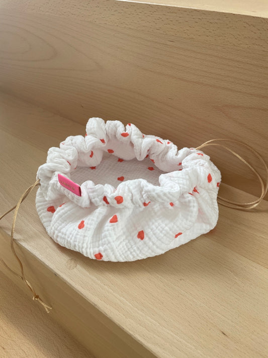 Trousse maquillage CARO – gaze de coton blanc avec petits coeurs