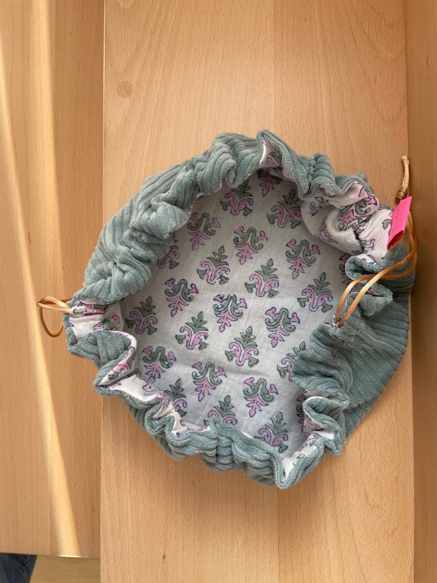 Trousse maquillage velours cotelé vert d'eau  intérieur motifs indiens